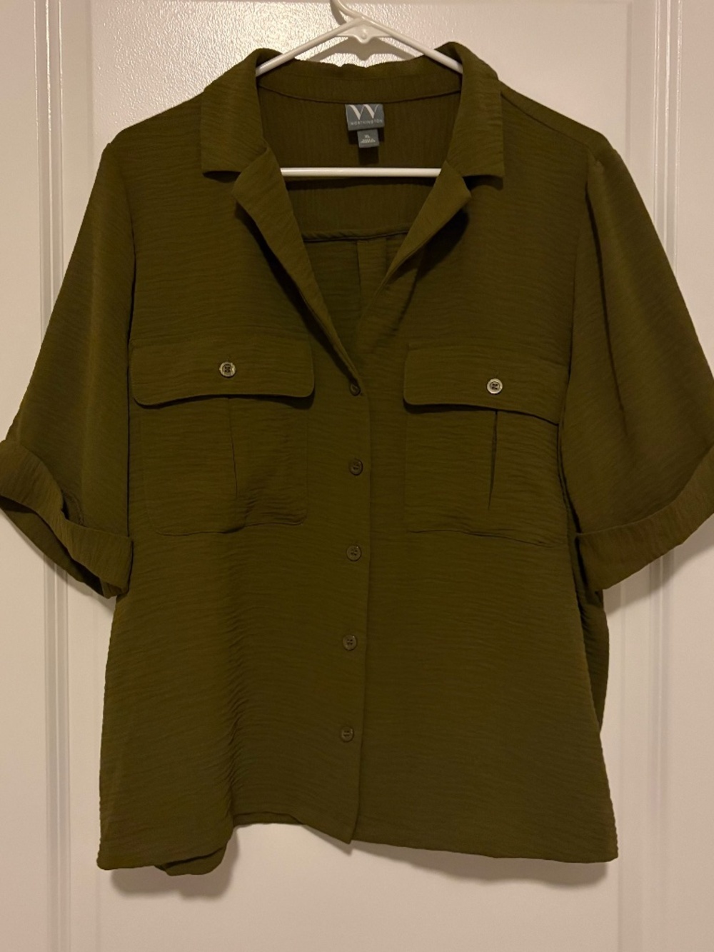 Women's XL Worthington Dark Green Blouse Button Down Cuff Half Sleeve Flowy